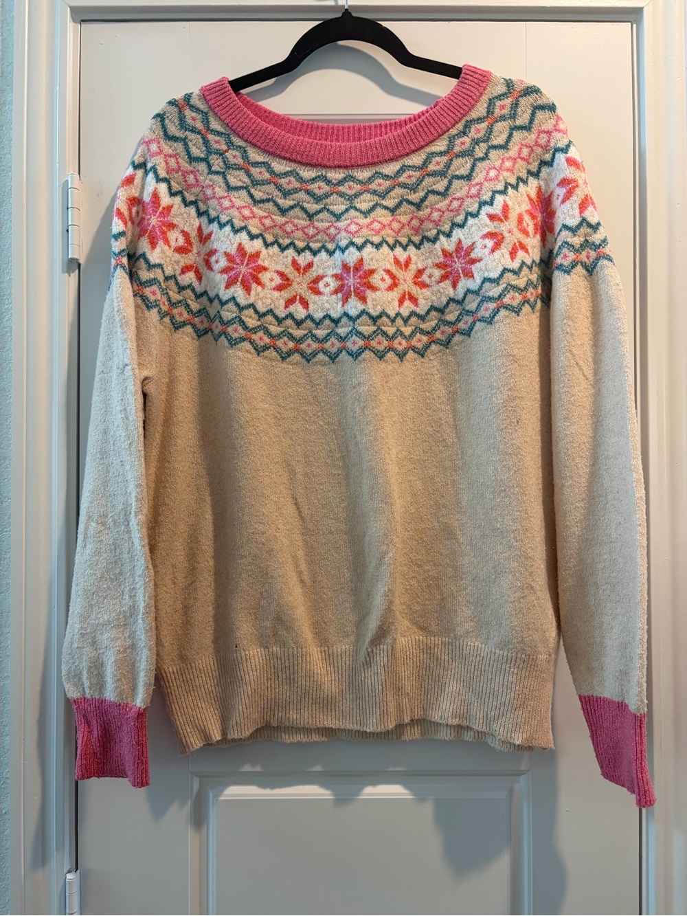 Holiday Time Cream Fair Isle Crewneck Sweater with Pink Trim